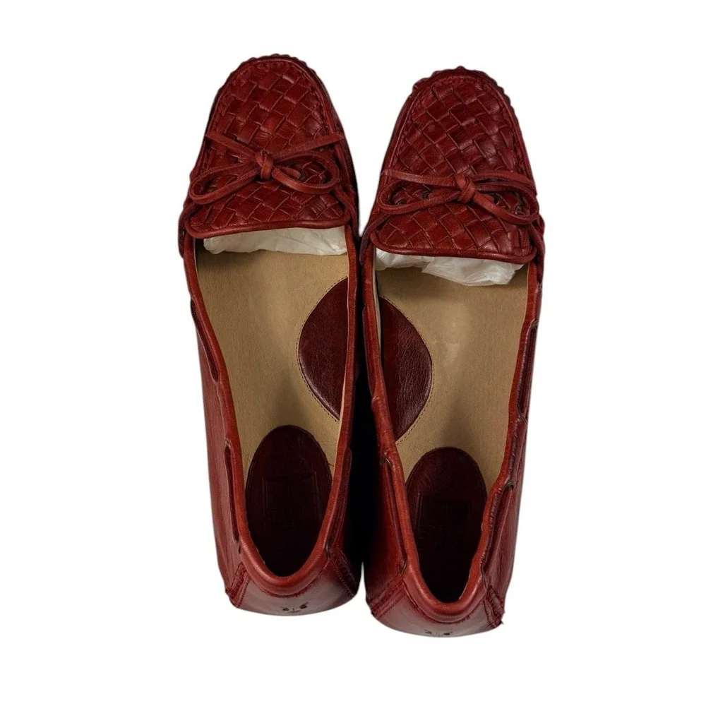 Frye Reagan Woven Burnt Red Leather Driving Loafers Womens 10M 72325 Bow NEW